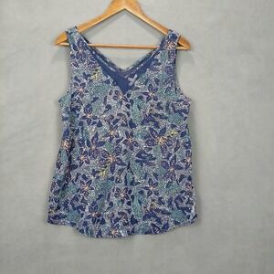 Maurices Tank‎ Top Womens Medium Blue Sparkle Floral Sheer Inset Preppy V Neck